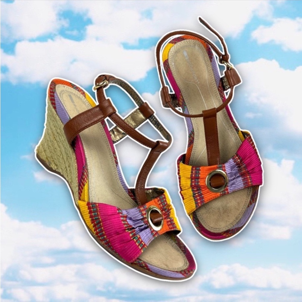💙 ROCKPORT Madras Stripe Espadrilles Wedges Gypsy Preppy Rainbow Southern Y2K